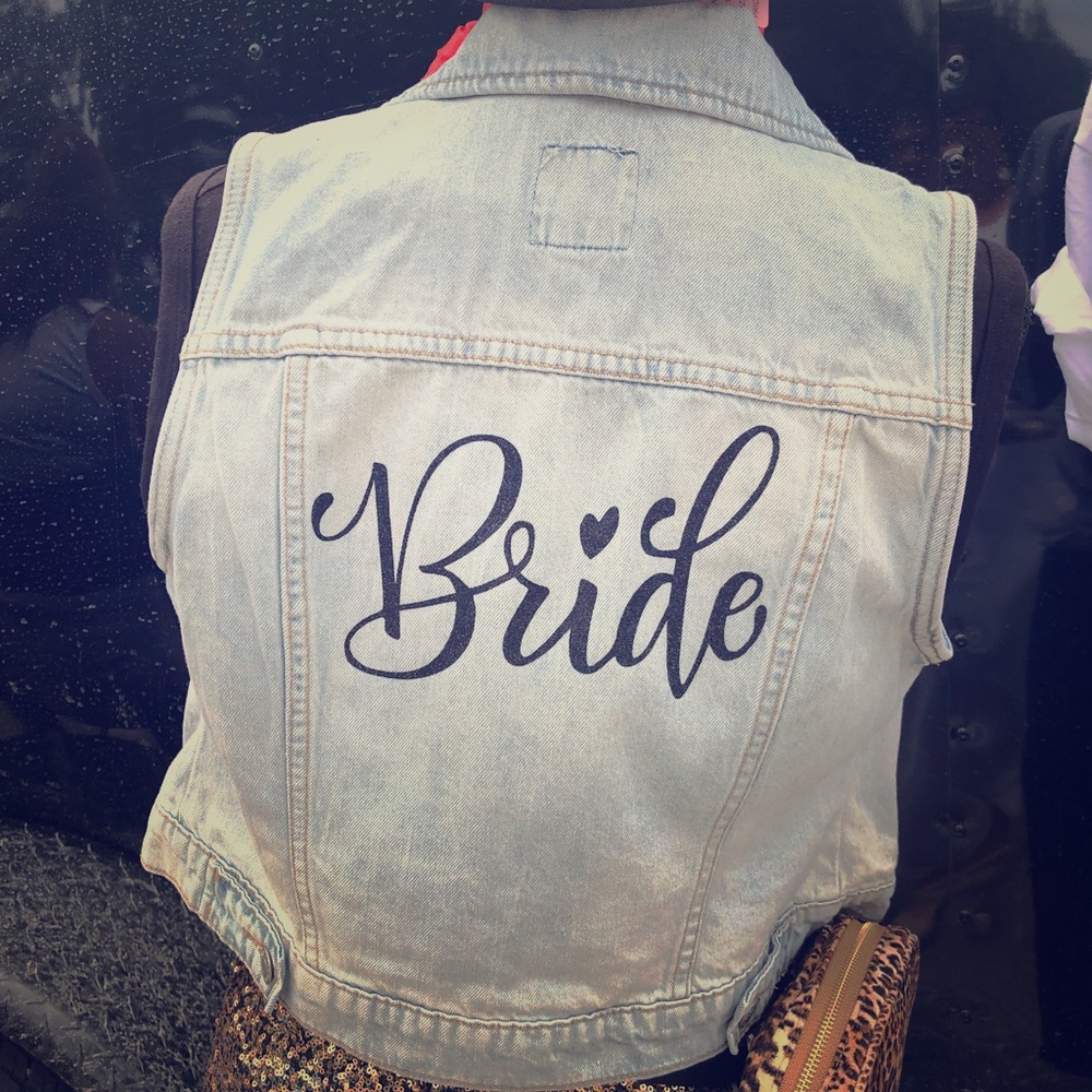 Upcycled old navy denim vest, “BRIDE” ❤️